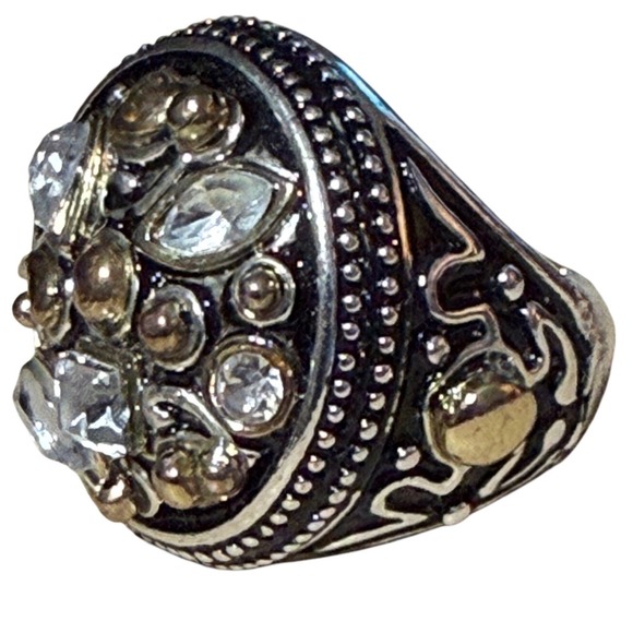 Statement Ring Multi Gemstone Gold and Silver Tone Mixed Metal Adjustable Band - Picture 5 of 12